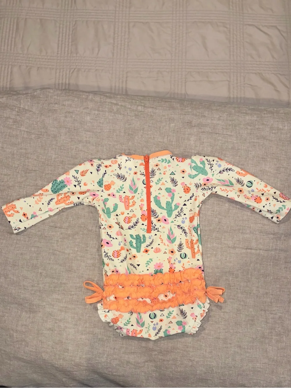 Long-Sleeve Cactus Print One-Piece Swimsuit - Cream & Peach